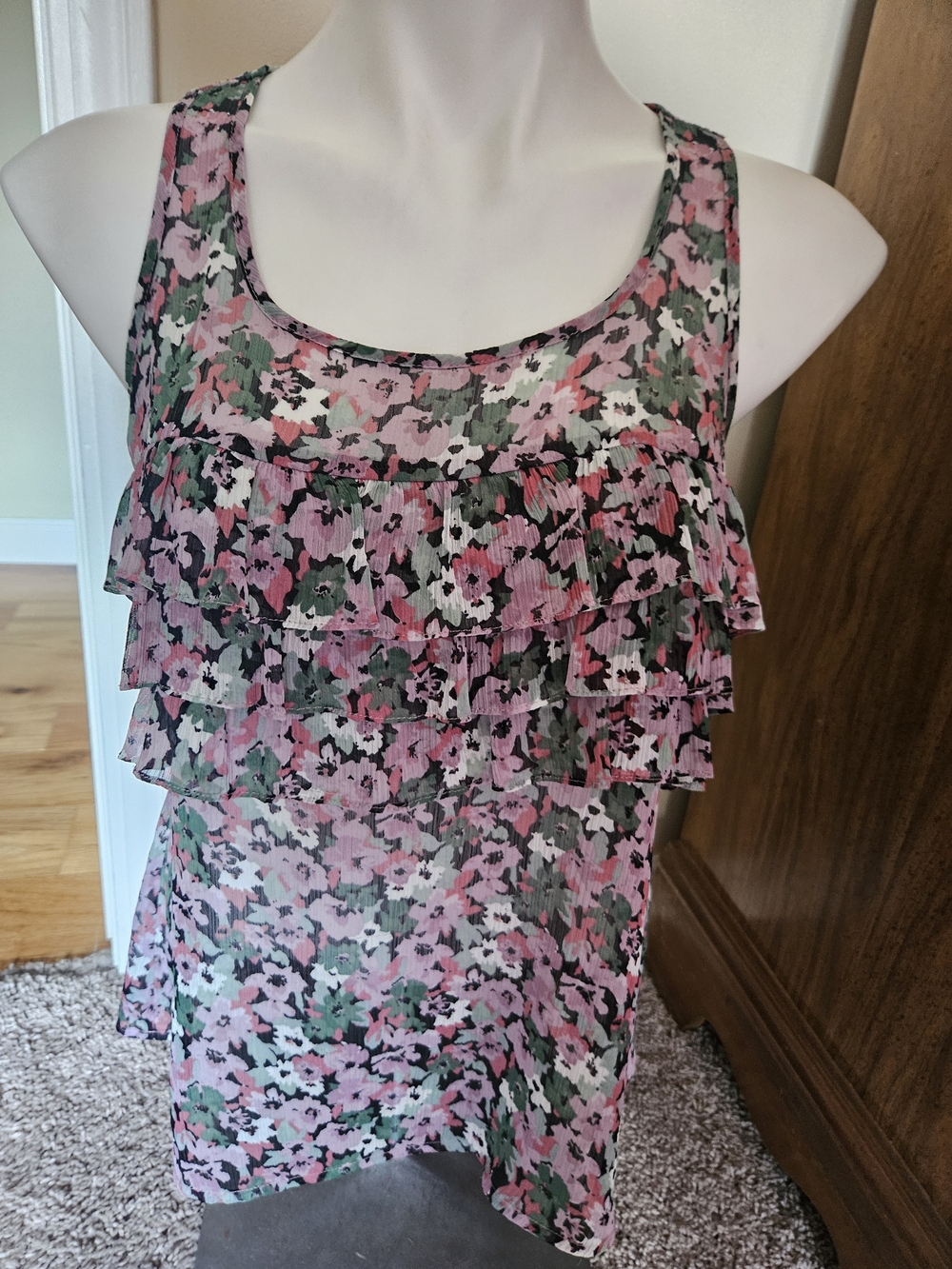 Express Pink & Green Floral Ruffle Tank